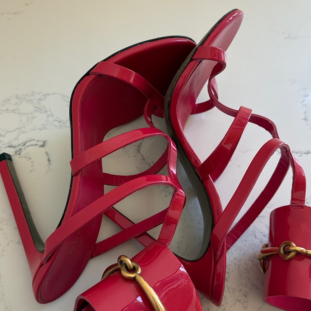 Gucci Ursula Horsebit Ankle Strap Heels Red Patent Leather Size 36.5 - Picture 8 of 17